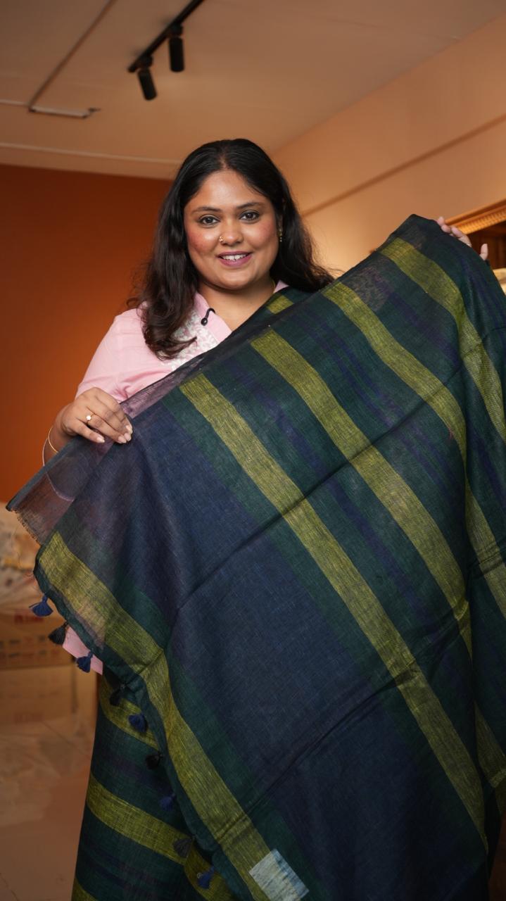Bhagalpuri Linen with Stripes Saree -06-07-01-08 (FOREST TIDE)