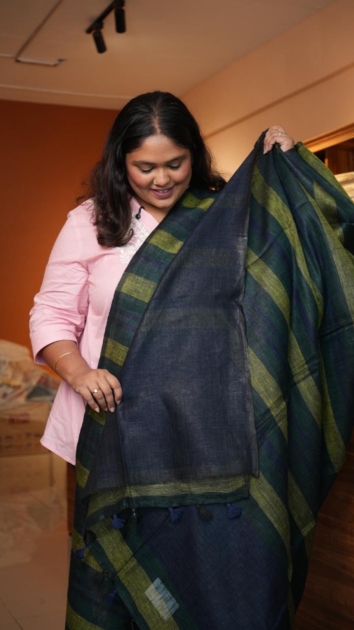 Bhagalpuri Linen with Stripes Saree -06-07-01-08 (FOREST TIDE)