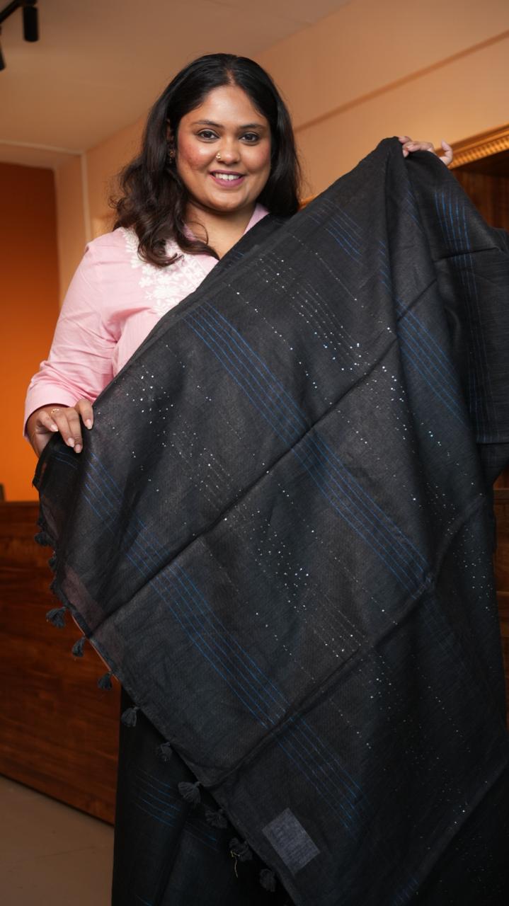 Bhagalpuri Linen with Stripes and Sequins -06-07-01-31 (SHADOW COBALT)