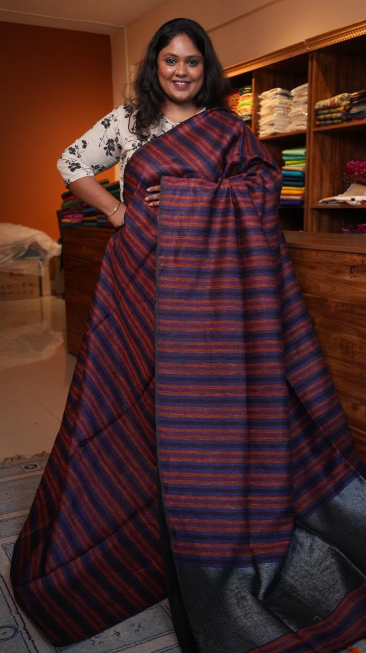 Bhagalpuri Linen with Stripes Saree -06-07-01-18 (SMOKY INDIGO)