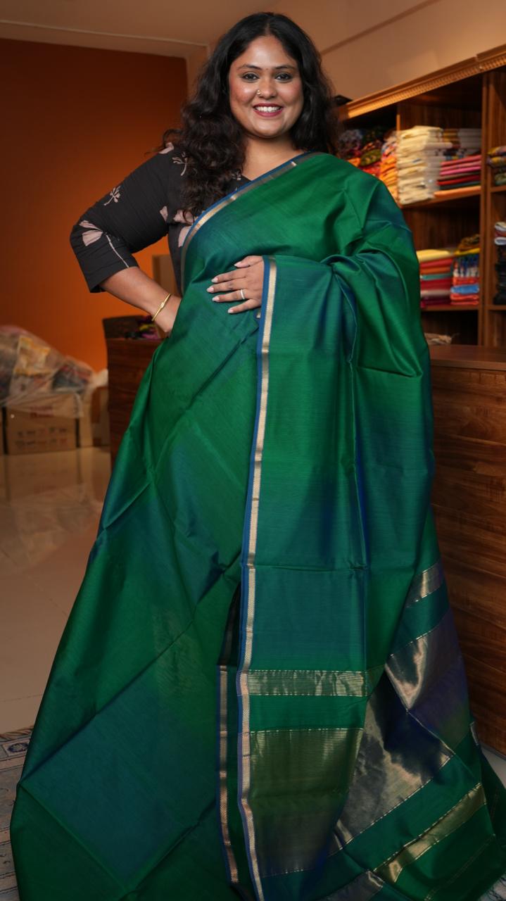 Maheshwari Shaded Plain Small Border Saree -05-08-02-01 (NARMADA TURQUOISE )