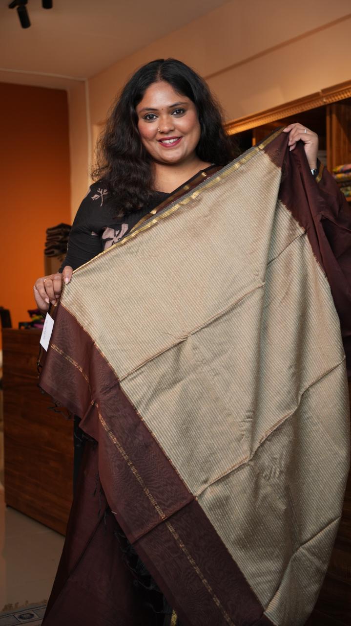 Maheshwari Small Border Jute Pallu Sarees -05-08-03-07 (CACAO)