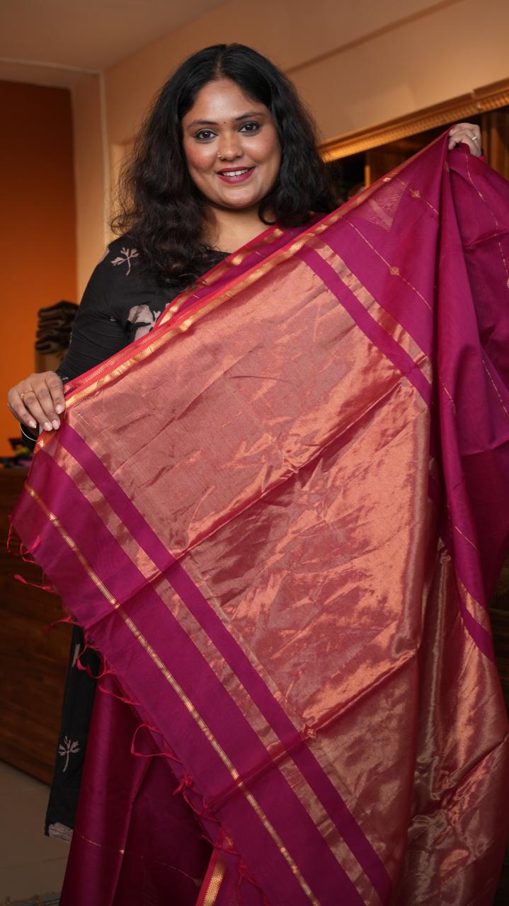 Maheshwari Zari Line Small Border Saree - 05-08-06-02 (BHOPAL FUCHSIA)