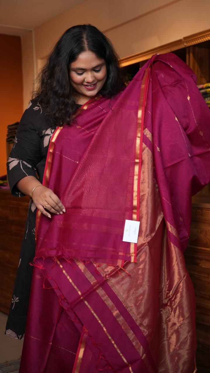 Maheshwari Zari Line Small Border Saree - 05-08-06-02 (BHOPAL FUCHSIA)