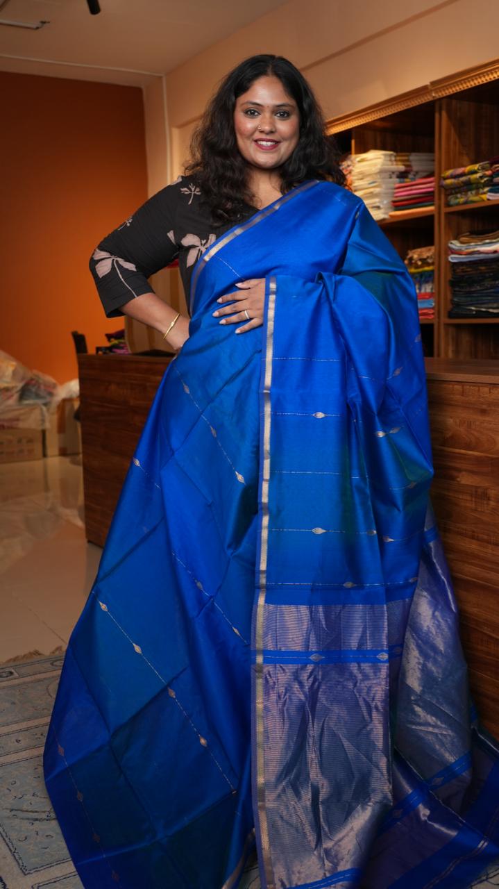 Maheshwari Zari Line Small Border Saree - 05-08-06-08 (CHAMBAL BLUE)