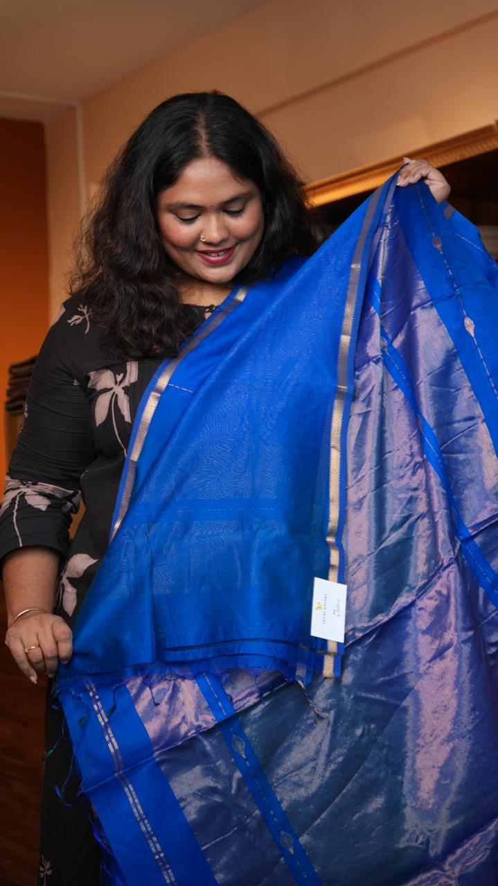 Maheshwari Zari Line Small Border Saree - 05-08-06-08 (CHAMBAL BLUE)