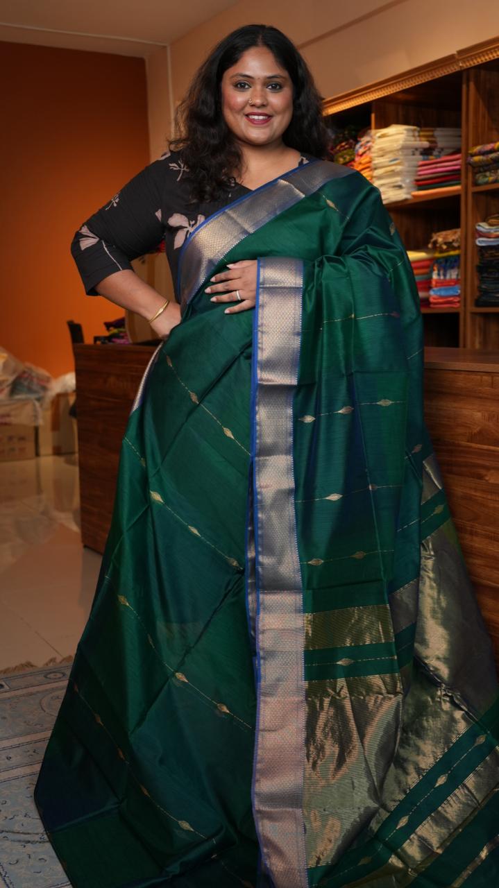 Maheshwari Zari Line Small Border Saree - 05-08-04-03 (AMARKANTAK GREEN)
