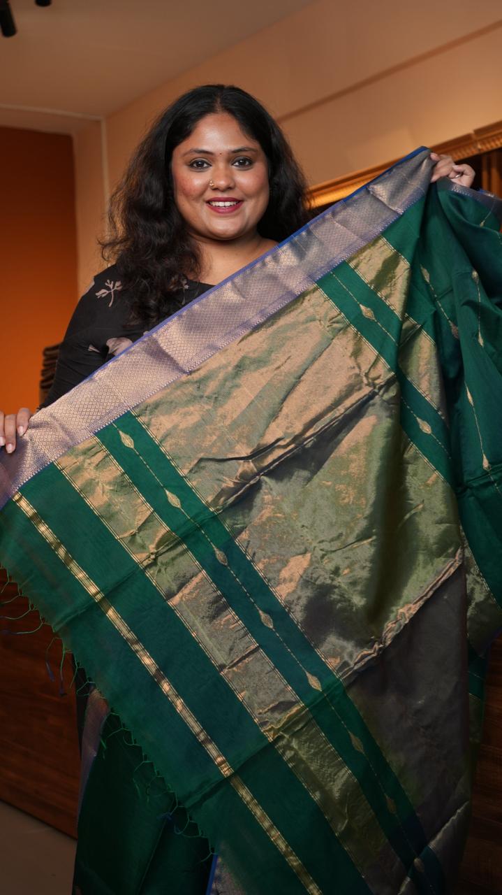 Maheshwari Zari Line Small Border Saree - 05-08-04-01 (AMARKANTAK GREEN)