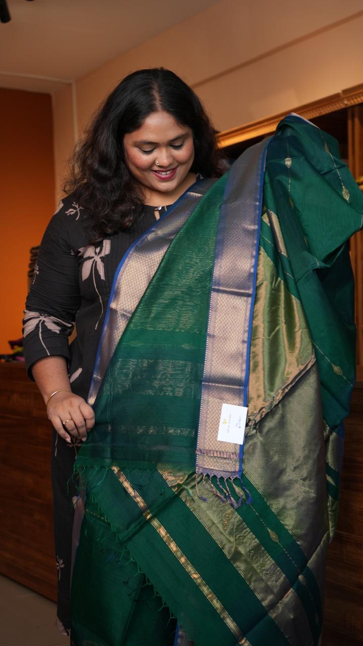 Maheshwari Zari Line Small Border Saree - 05-08-04-03 (AMARKANTAK GREEN)