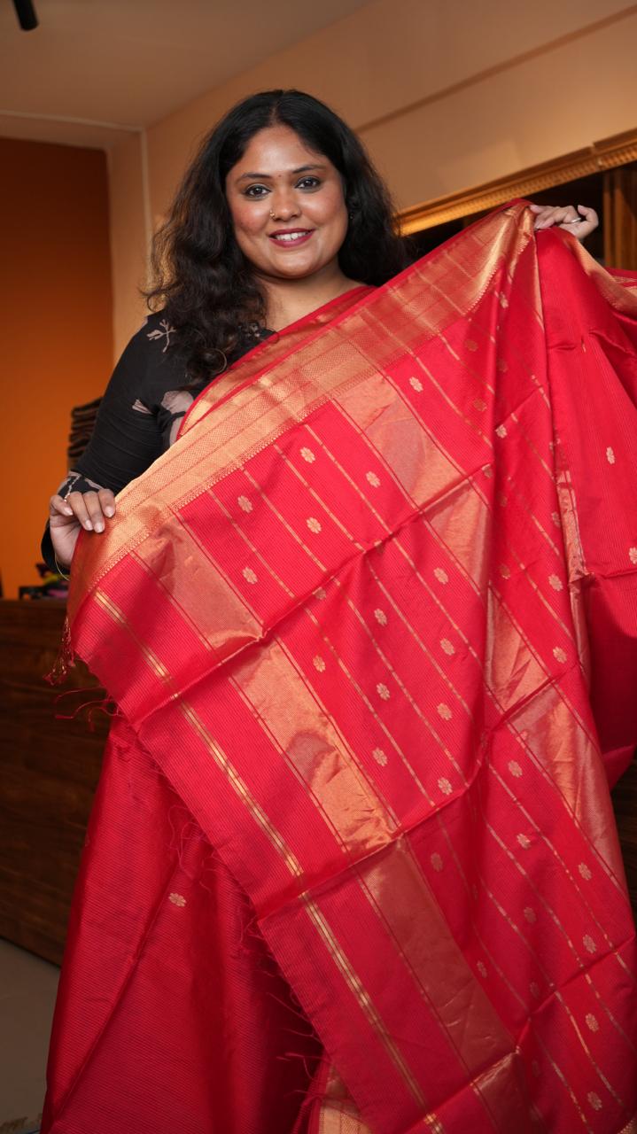 Maheshwari Lotus Bhutta & Red Silk Saree -05-08-05-01 (COCHINEAL)