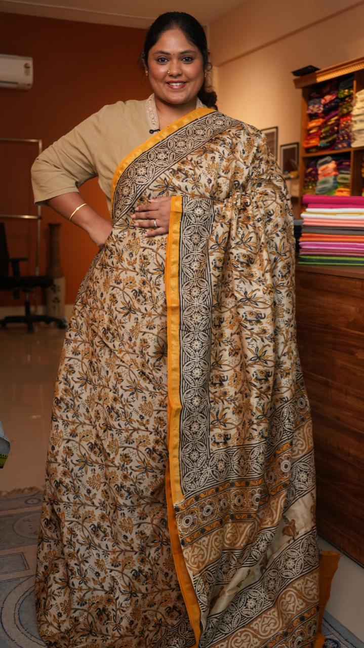 Chanderi Sanganeri Prints Saree - 05-08-01-04 (OCHRE BLOOM)