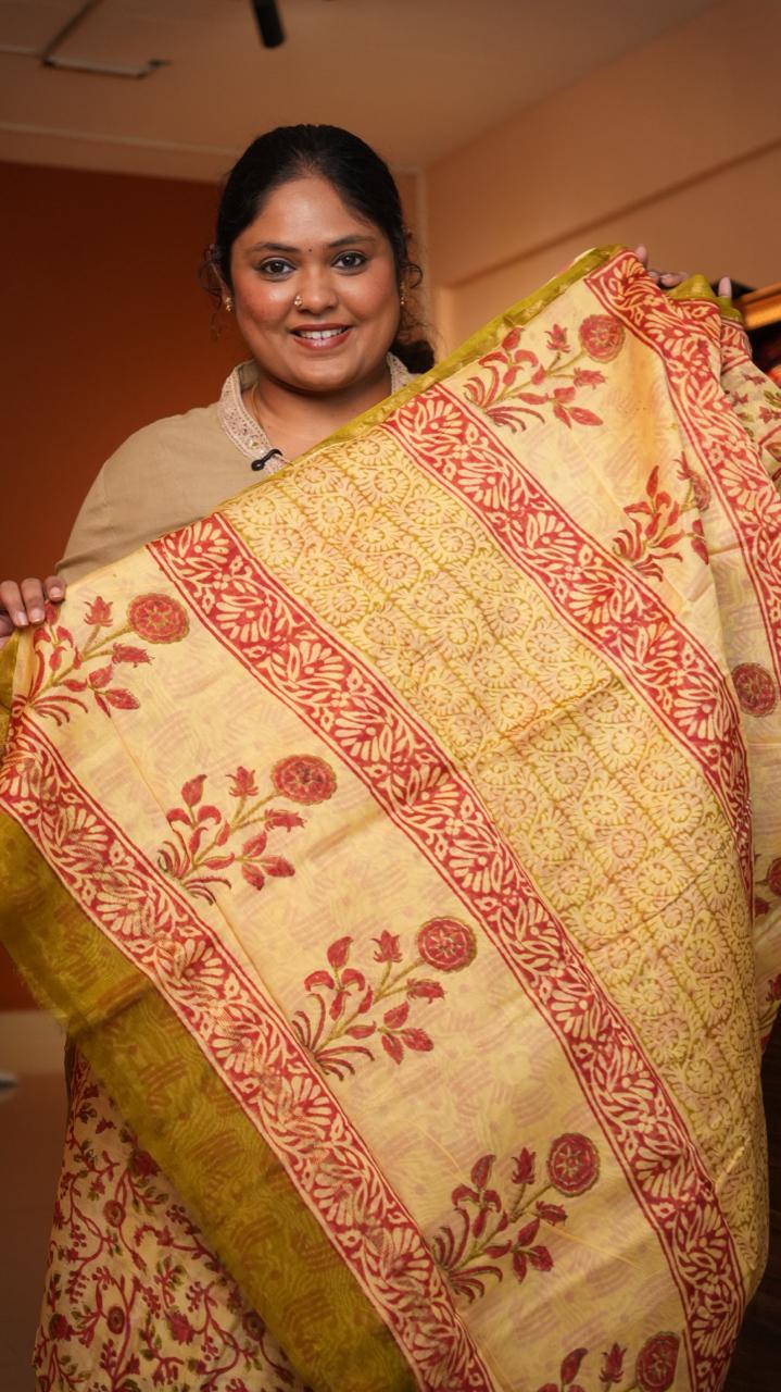 Chanderi Sanganeri Prints Saree - 05-08-01-05 (BRICK BLOOM)