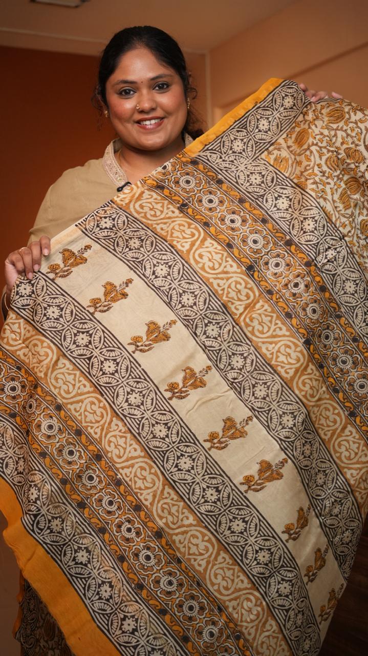 Chanderi Sanganeri Prints Saree - 05-08-01-08 (GOLDEN LOTUS)