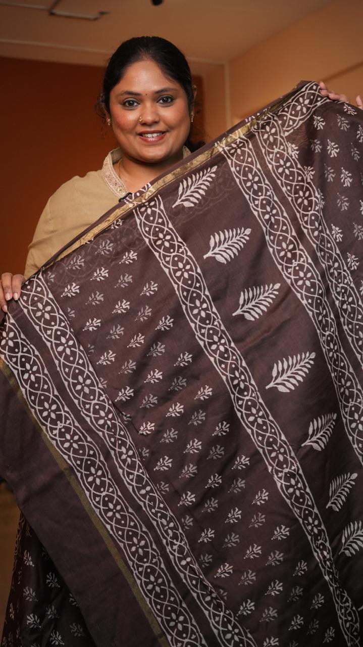 Chanderi Bagru printed saree -51-08-01-32 (CHOCOLATE MILK)