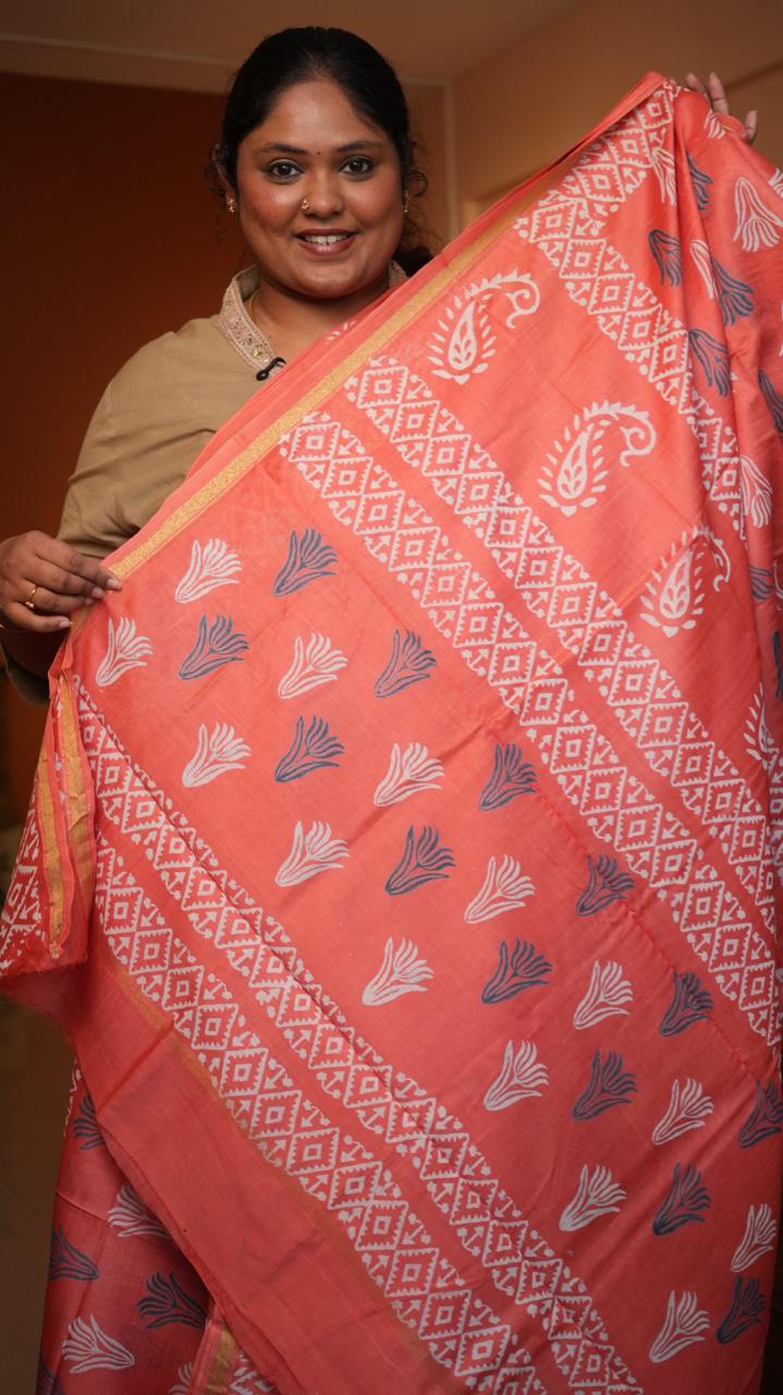 Chanderi Bagru printed saree -51-08-01-21 (CORAL FIZZ)