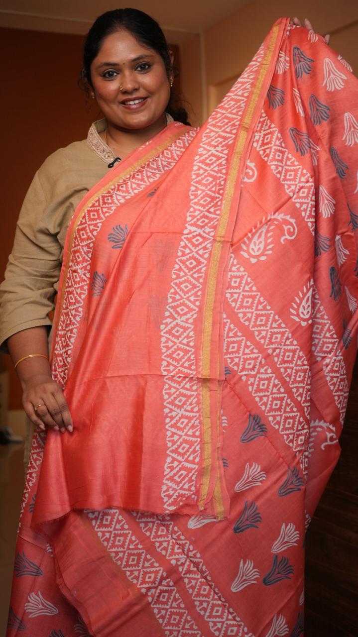 Chanderi Bagru printed saree -51-08-01-21 (CORAL FIZZ)