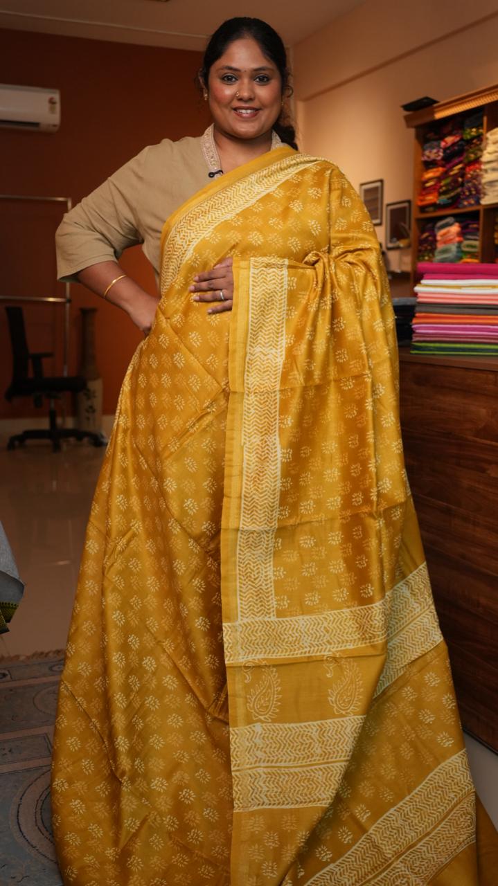 Chanderi Bagru printed saree -51-08-01-20 (TURMERIC MILK)