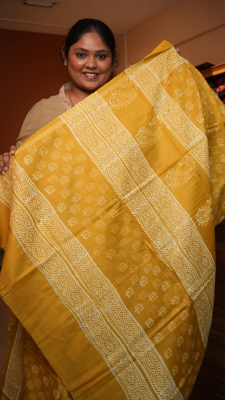 Chanderi Bagru printed saree -51-08-01-20 (TURMERIC MILK)
