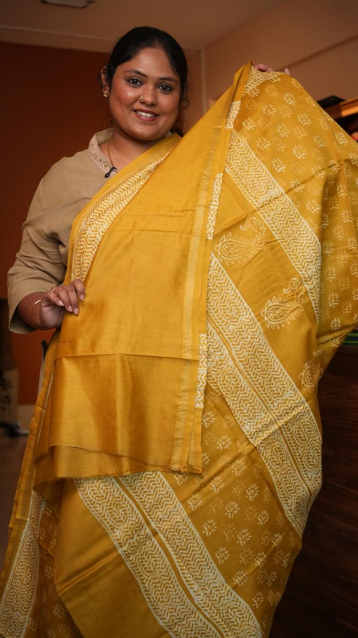 Chanderi Bagru printed saree -51-08-01-20 (TURMERIC MILK)