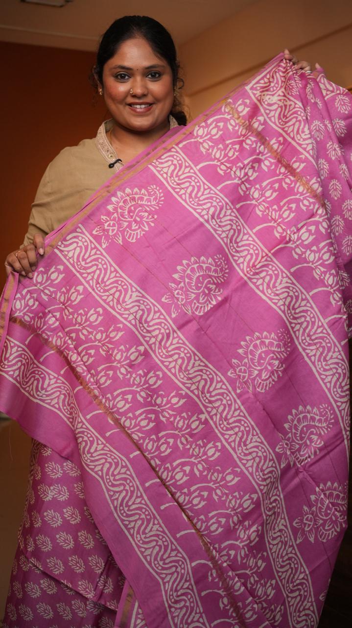 Chanderi Bagru printed saree -51-08-01-18 (BUBBLEGUM SWIRL)