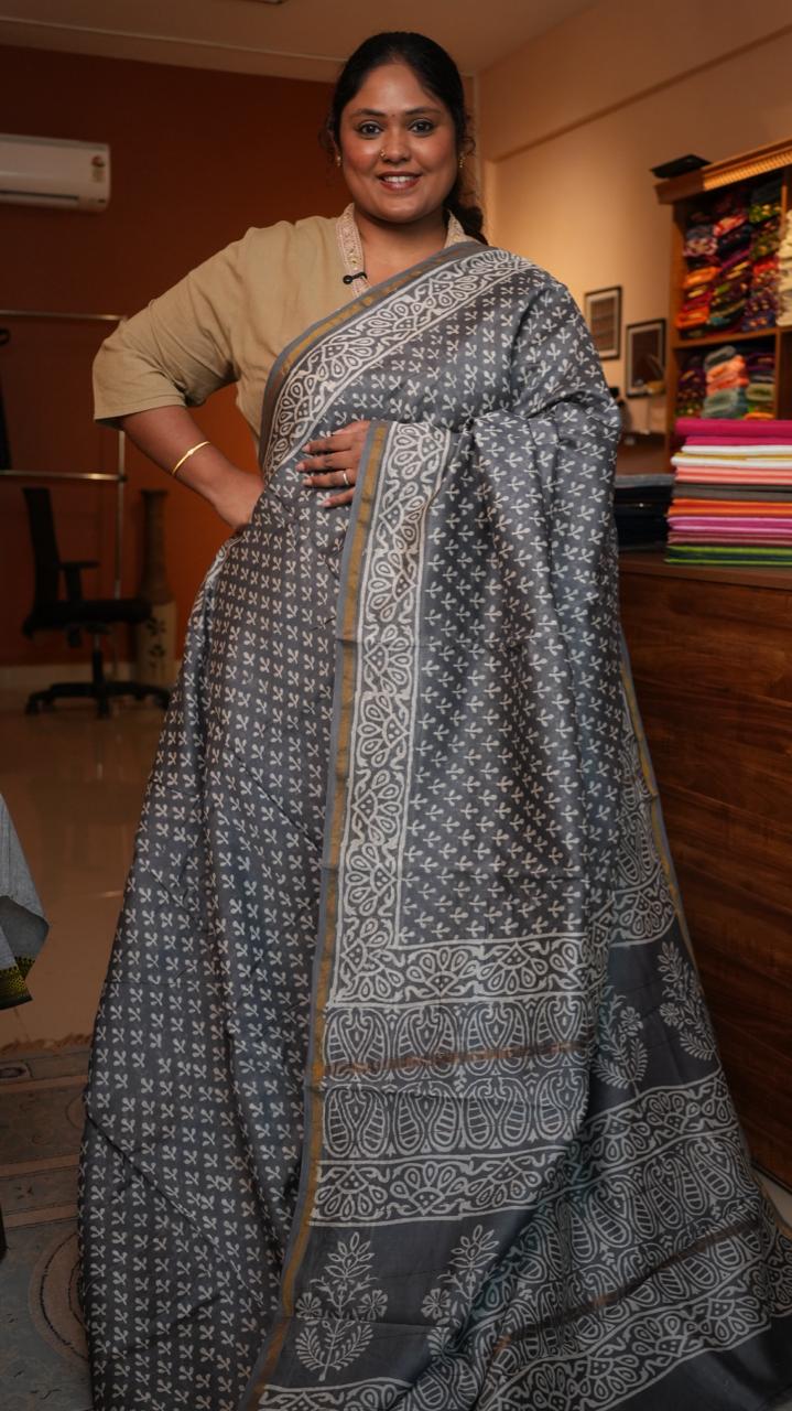 Chanderi Bagru printed saree -51-08-01-30 (MONSOON CLOUD)