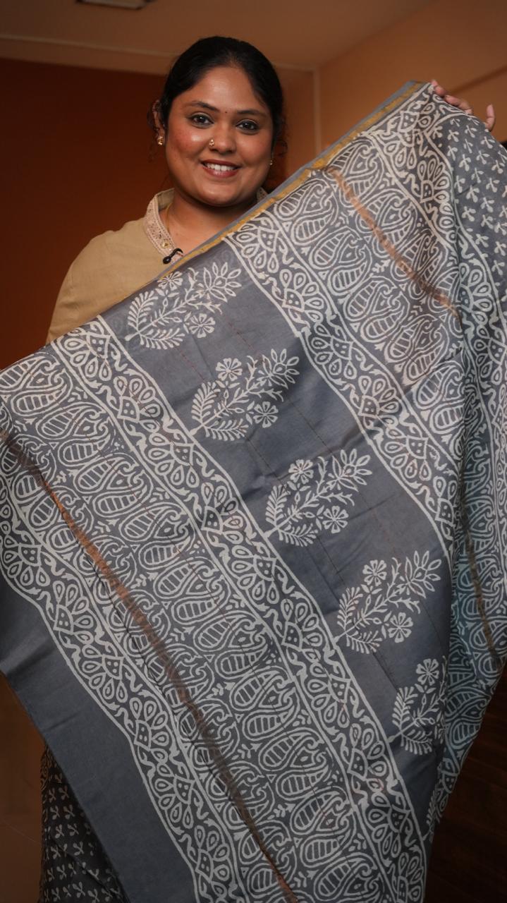 Chanderi Bagru printed saree -51-08-01-30 (MONSOON CLOUD)