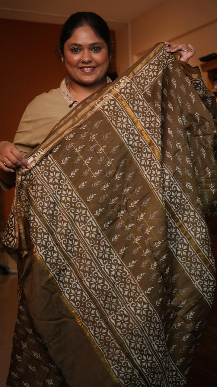 Chanderi Bagru printed saree -51-08-01-33 (CHOCOLATE BROWNIE)