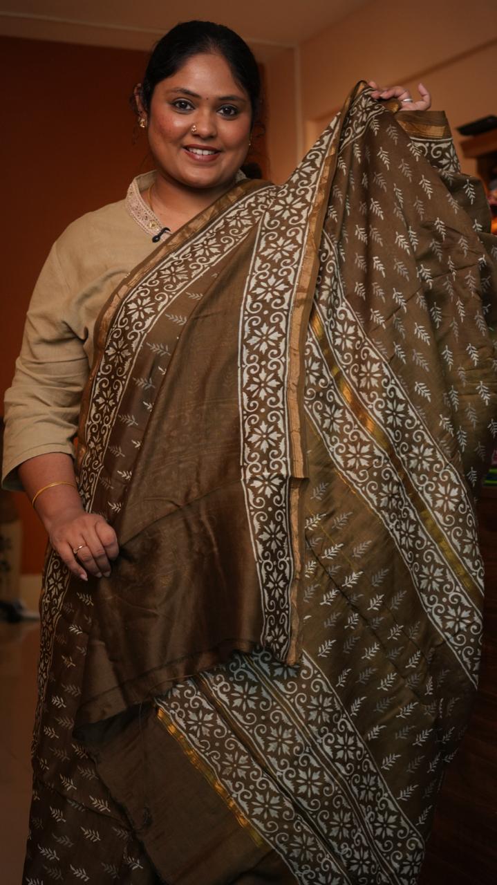 Chanderi Bagru printed saree -51-08-01-33 (CHOCOLATE BROWNIE)