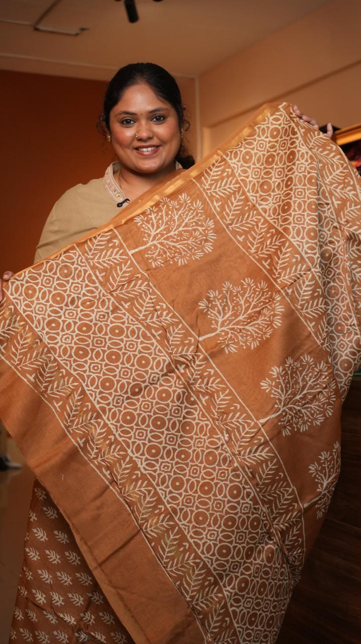 Chanderi Bagru printed saree -51-08-01-22 (MELTED CARAMEL)