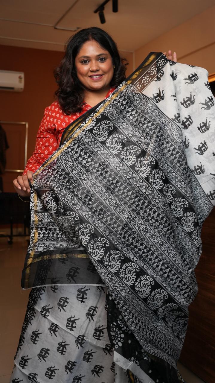 Chanderi Black and White Saree -51-06-01-11 (PEARL TUSKS)