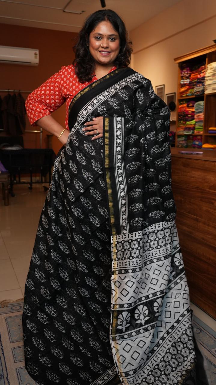 Chanderi Black and White Saree -51-08-01-13 (NOIR LEAVES)