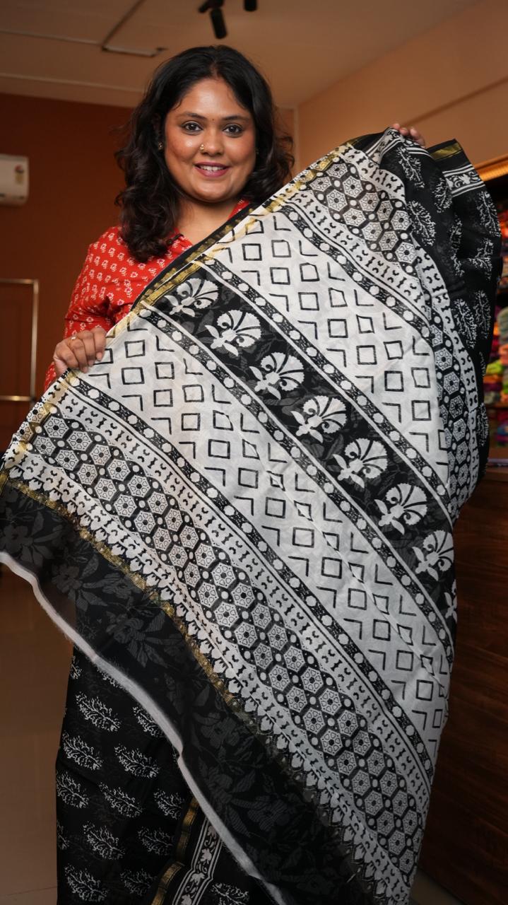 Chanderi Black and White Saree -51-08-01-13 (NOIR LEAVES)
