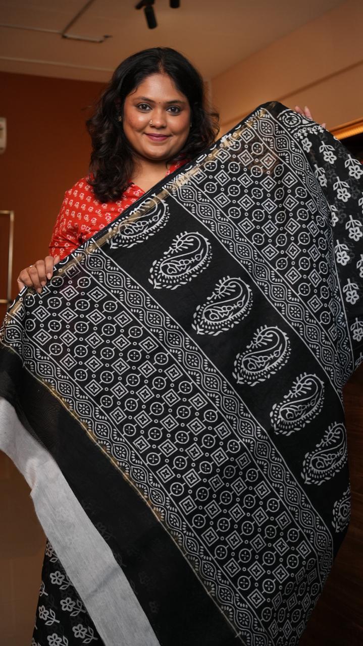 Chanderi Black and White Saree -51-02-01-26 (MIDNIGHT BLOSSOM)