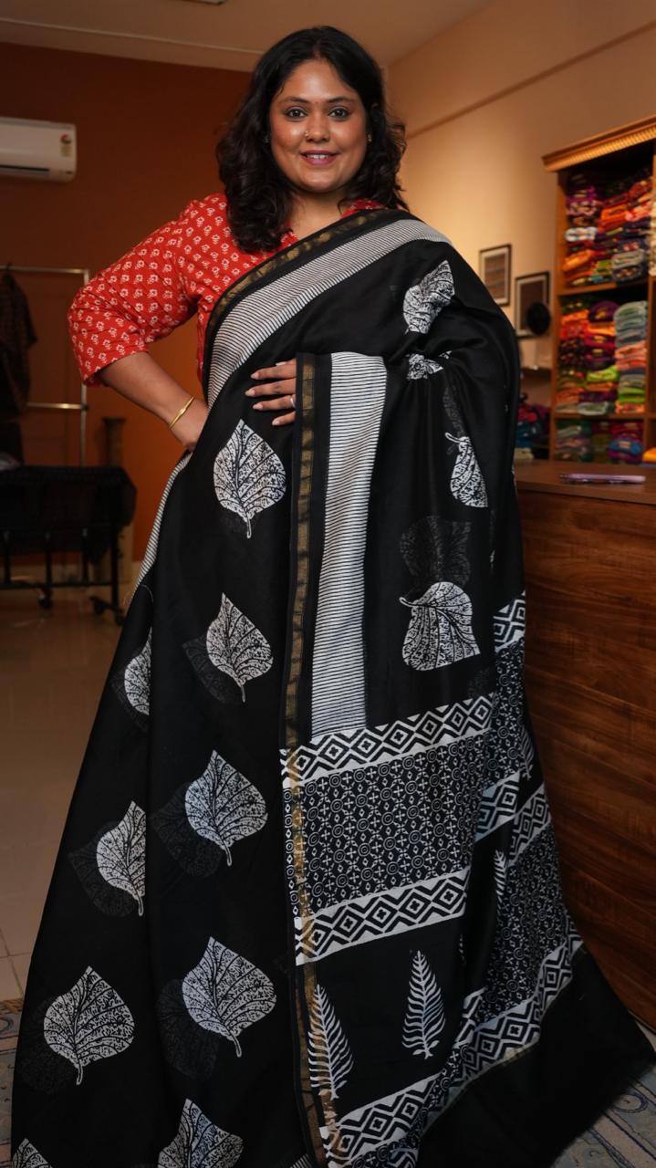 Chanderi Black and White Saree -51-01-CC-02 (FOLIAGE)