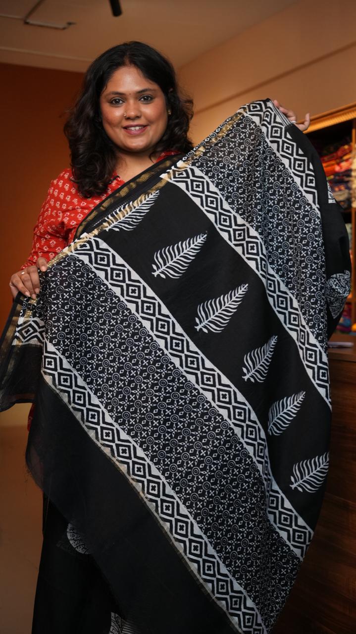 Chanderi Black and White Saree -51-01-CC-02 (FOLIAGE)