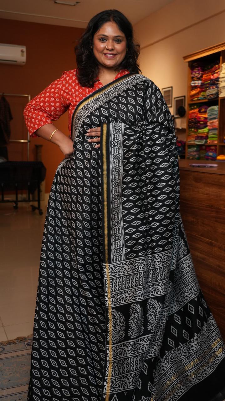 Chanderi Black and White Saree -51-01-CC-03 (LATTICE)