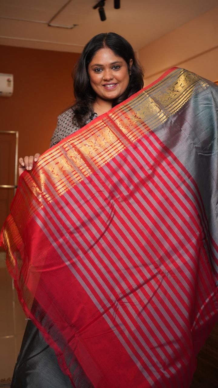 Mangalagiri Big Kanchi Border Saree -15-08-06-10 (SLATE CRIMSON)
