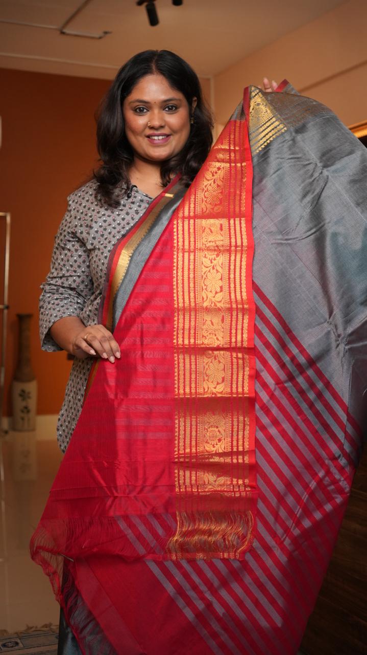 Mangalagiri Big Kanchi Border Saree -15-08-06-10 (SLATE CRIMSON)