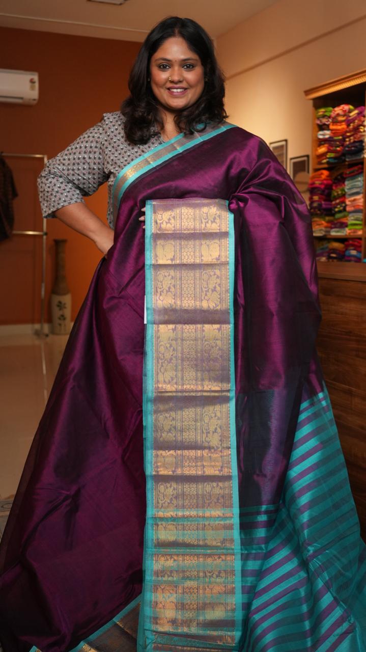 Mangalagiri Big Kanchi Border Saree -15-08-06-11 (VELVET AQUA)