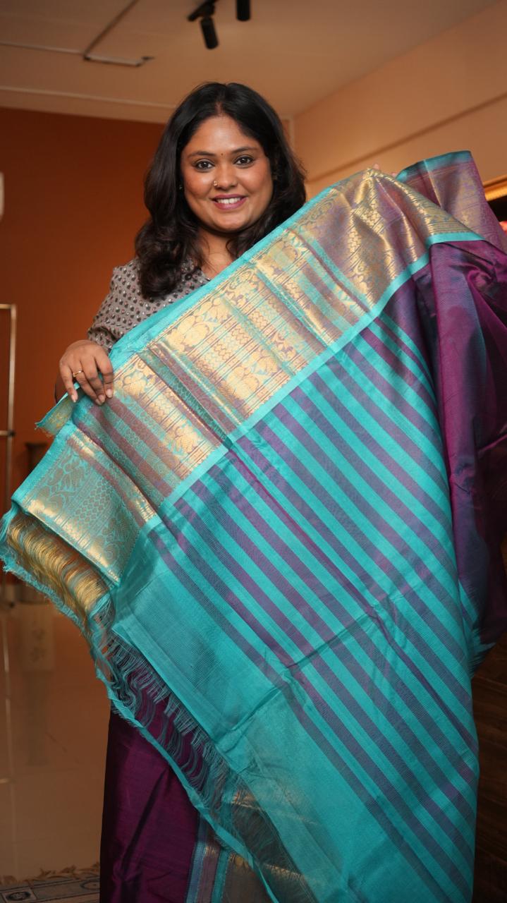 Mangalagiri Big Kanchi Border Saree -15-08-06-11 (VELVET AQUA)