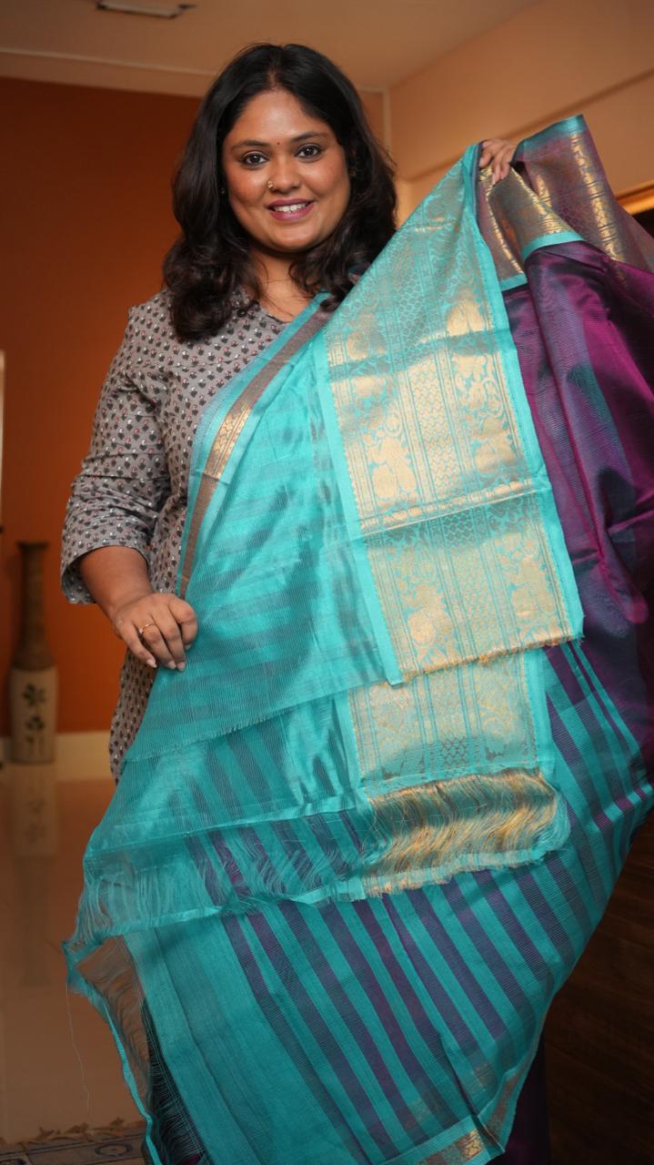 Mangalagiri Big Kanchi Border Saree -15-08-06-11 (VELVET AQUA)