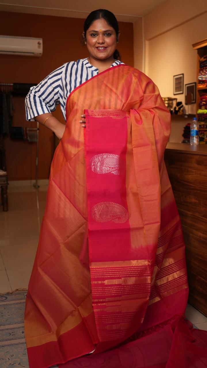 Kora silk cotton Manga border Saree -04-08-05-01 (POPPY CERISE)