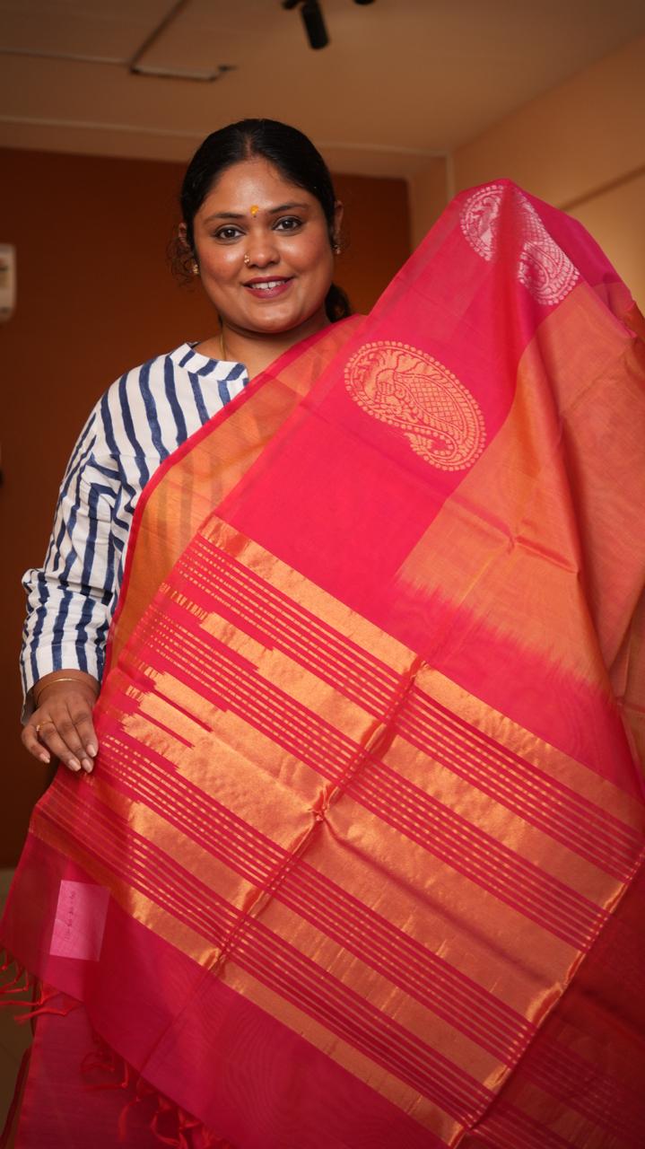 Kora silk cotton Manga border Saree -04-08-05-01 (POPPY CERISE)