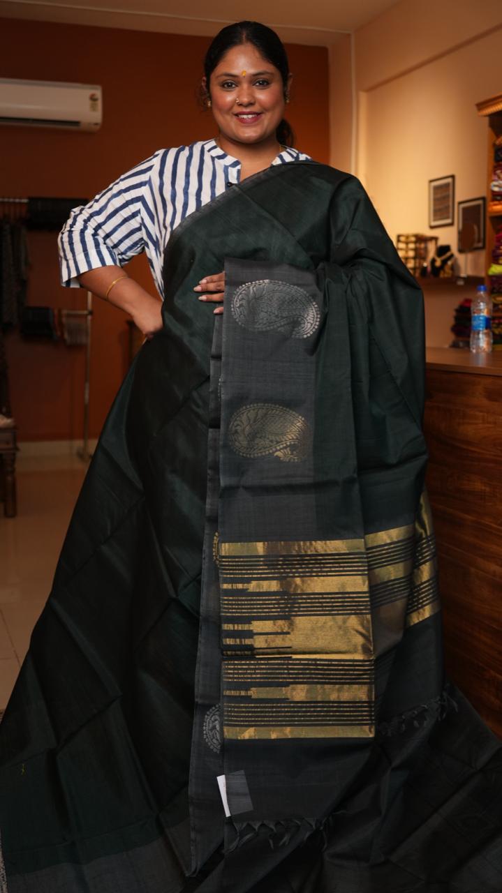 Kora silk cotton Manga border Saree -04-08-05-02 (SABLE EBONY)