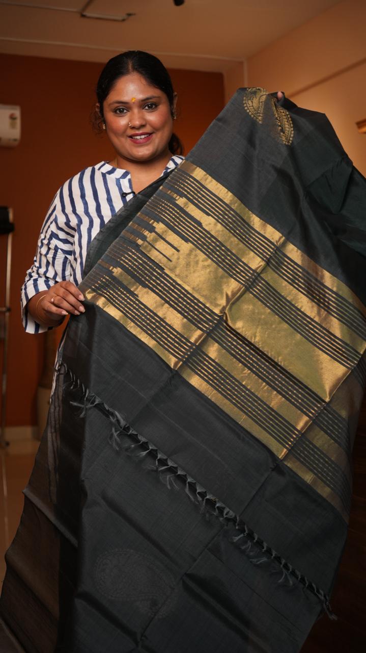 Kora silk cotton Manga border Saree -04-08-05-02 (SABLE EBONY)