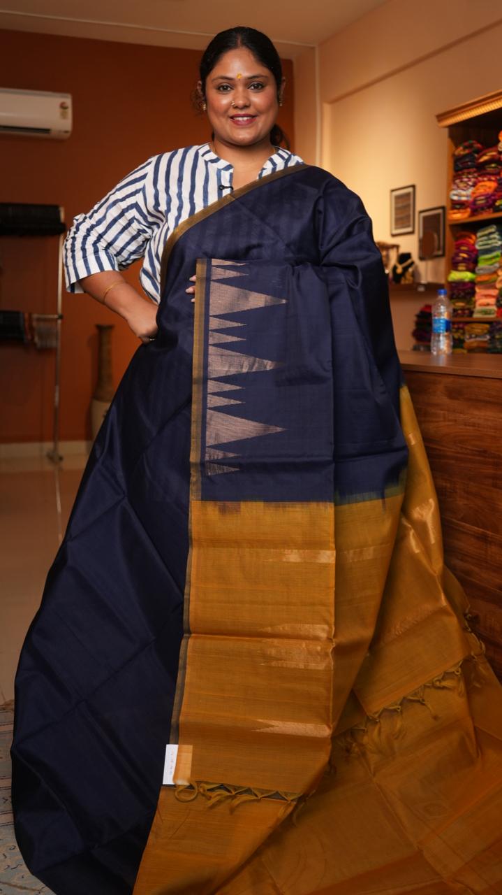 Kora silk cotton Gopuram border Saree -04-08-04-01 (PRUSSIAN MARIGOLD)