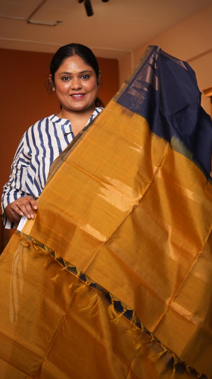 Kora silk cotton Gopuram border Saree -04-08-04-01 (PRUSSIAN MARIGOLD)
