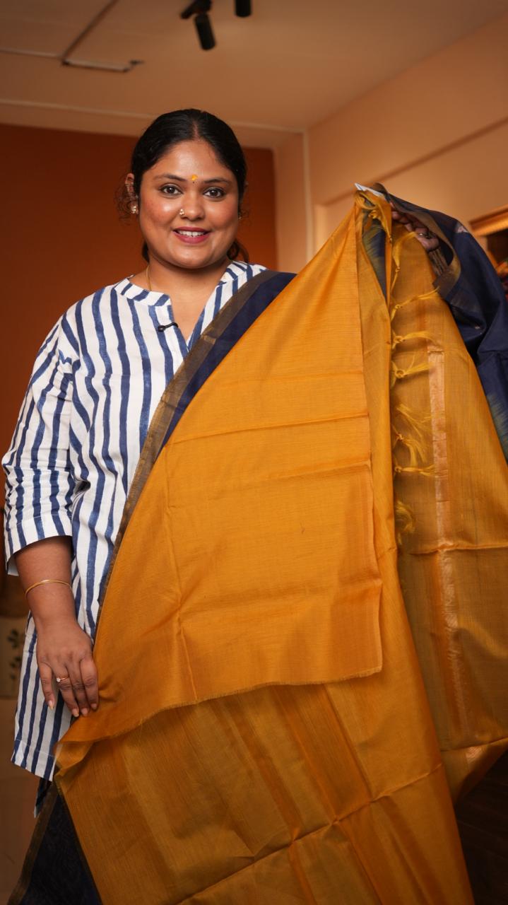 Kora silk cotton Gopuram border Saree -04-08-04-01 (PRUSSIAN MARIGOLD)