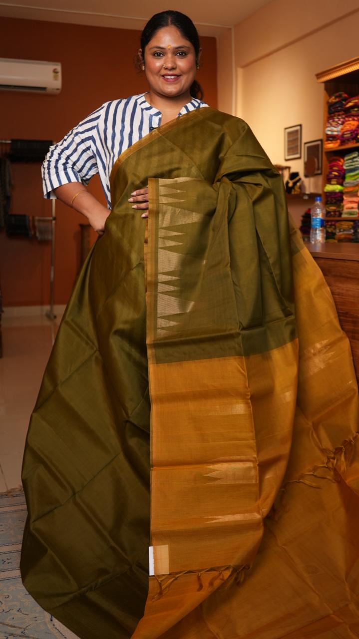 Kora silk cotton Gopuram border Saree -04-08-04-02 (LODEN OCHRE)