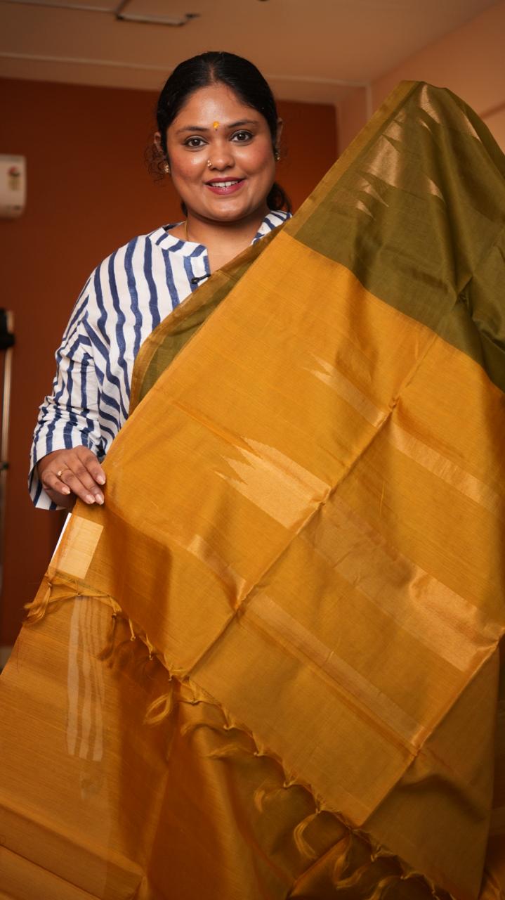 Kora silk cotton Gopuram border Saree -04-08-04-02 (LODEN OCHRE)